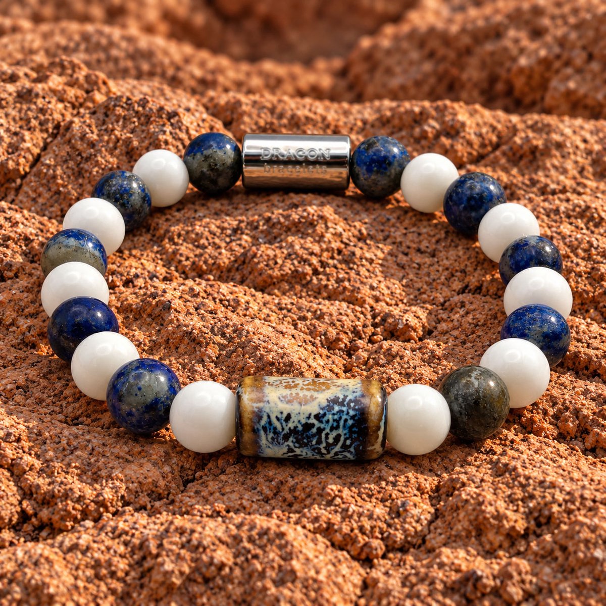 Dragon Bracelets® - Terra Galaxy - Natuurstenen Armband - Lapis Lazuli - Geglazuurd Keramiek - Blauw - Grijs - Wit