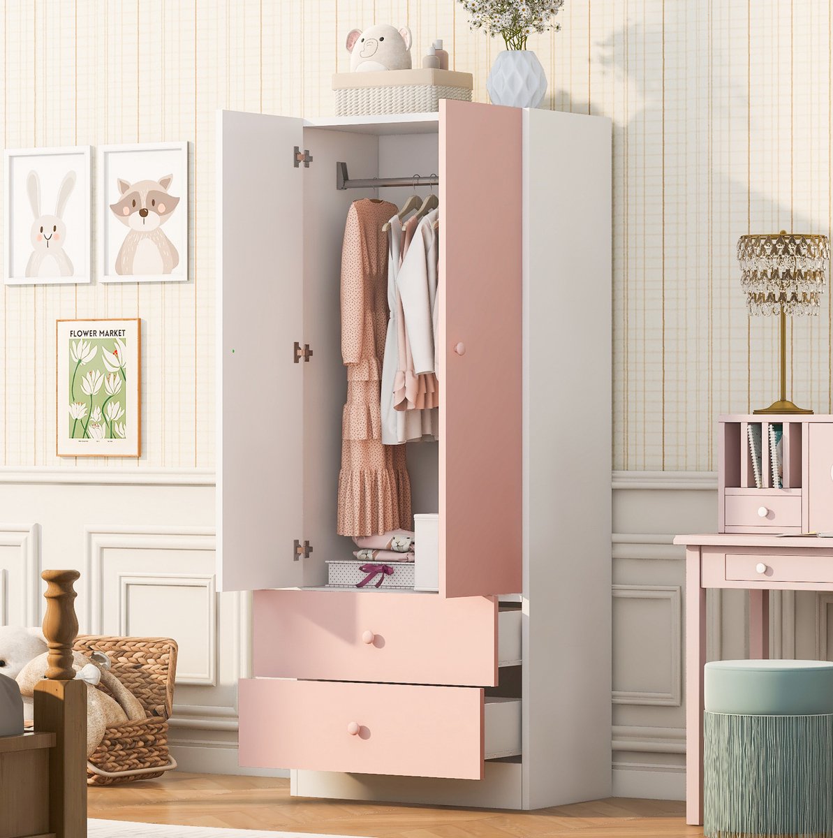 HAUSS SPOLE Kledingkast Met Hanggedeelte en 2 Lades - Modern Design Voor Slaapkamer of Kleedkamer - Hout - 70 x 40 x 170 cm - Roze en Wit
