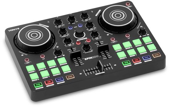 Zwarte Vonyx Spin200 DJ-controller in schuin perspectief, met twee jogwheels en verlichte knoppen.
