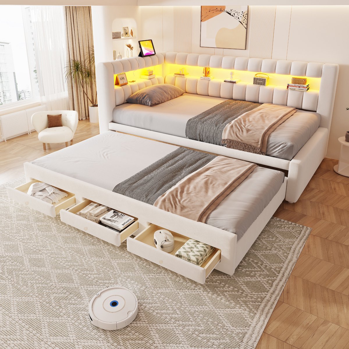 Wishdor Slaapbank 90 x 190 cm - Uitschuifbaar bed - Opbergladen en vakken - LED-verlichting - USB en Type-C-aansluitingen - Slaapkamer logeerkamer - Fluweel metaal MDF - Beige