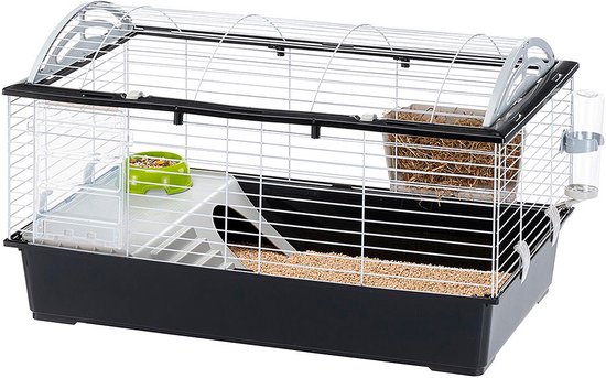 Ferplast Casita 100 konijnenkooi met zwarte onderbak, witte tralies, voerbak, ruif en drinkfles.