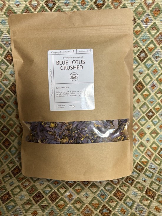 Bruine papieren zak met blauwe lotus, 75 gr, categorie Superherbs.