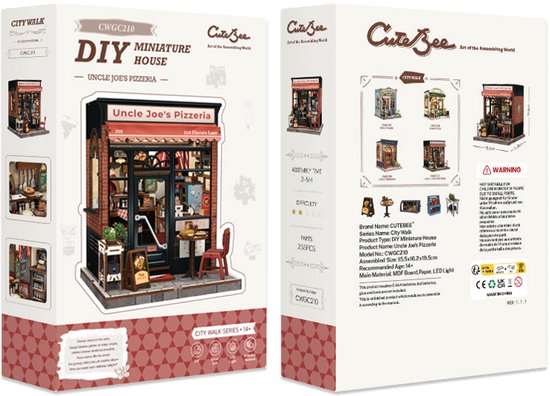 Verpakking van een doe-het-zelf miniatuurpizzeria met illustraties van het model en details.