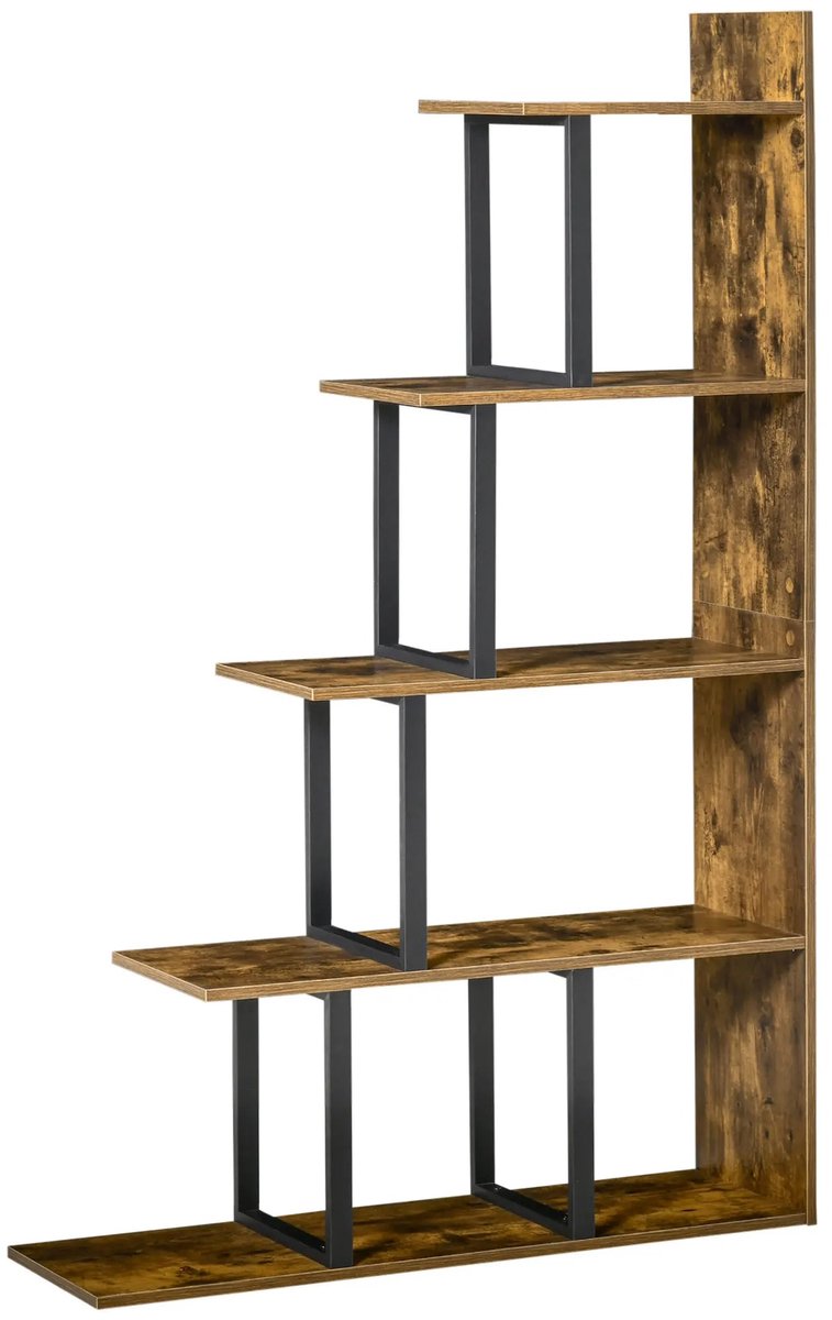 Nutrella - Plankenbibliotheek - Boekenkast - Trapboekenkast - Industriële stijl - 5 Planken - Rustiek Bruin en Zwart - 102 x 30 x 160 cm