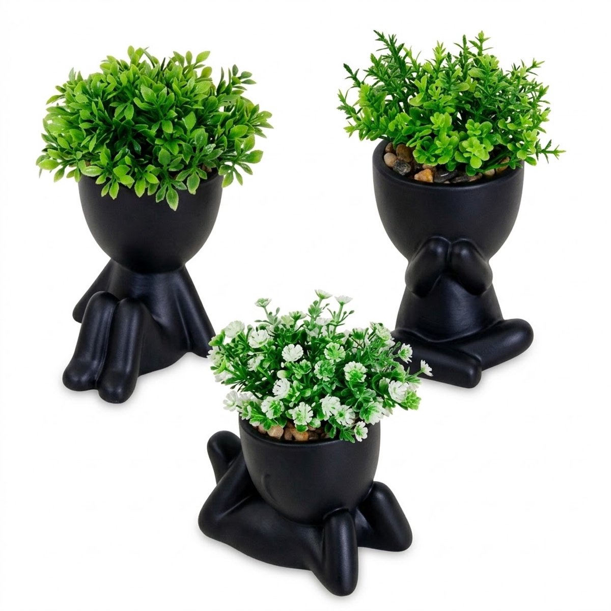NUVEX Groene kunstplanten in zwarte figuur potten 3 stuks – mini kunst planten met groene bladeren en witte bloemen – decoratieve nep planten voor woonkamer kantoor bureau tafel kast en boekenplank