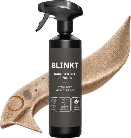 Fles BLINKT Nano Textiel Reiniger met een stuk beige stof met vlekken. Iconen tonen "langer fris en schoon", "veilig voor binnen- en buitentextiel", "geen agressieve chemicaliën".