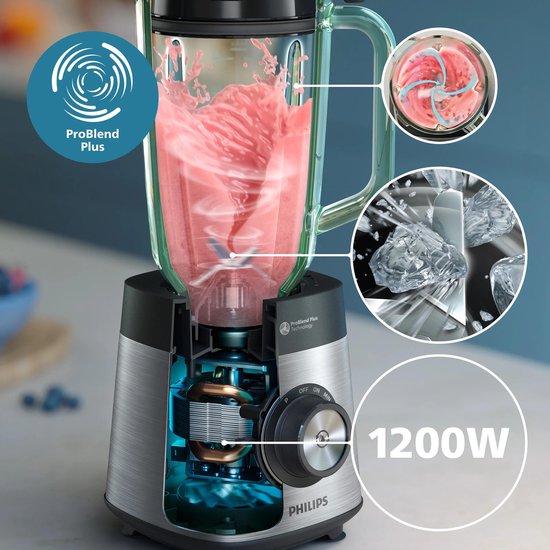 Philips blender van 1200W met ProBlend Plus-technologie, toont de motor en messen tijdens het blenden.