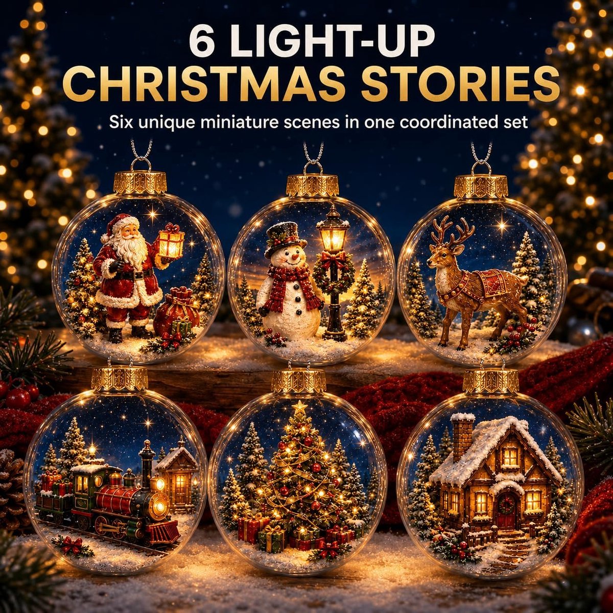 kerstbal - set van 6 Verlichte kerstornamenten met tafereeltjes - Ø 8cm - Met Warm Licht & Goudkleurig Kapje - Klaar om op te hangen - Platte acryltaferelen - Feestelijk cadeau-idee - Kerstboomhangers - Voor Kerstboom, Krans, Raam & Feestdecoratie – foto 4