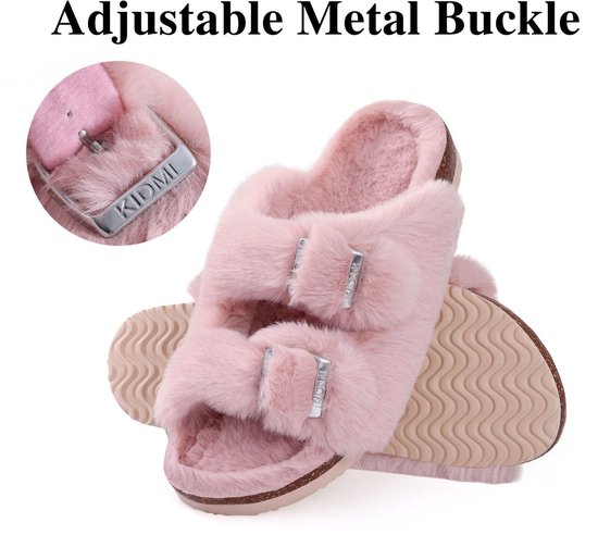 Roze slippers met verstelbare metalen gespen, gemerkt 'KIDMI', met inzetstuk en golvende zool.