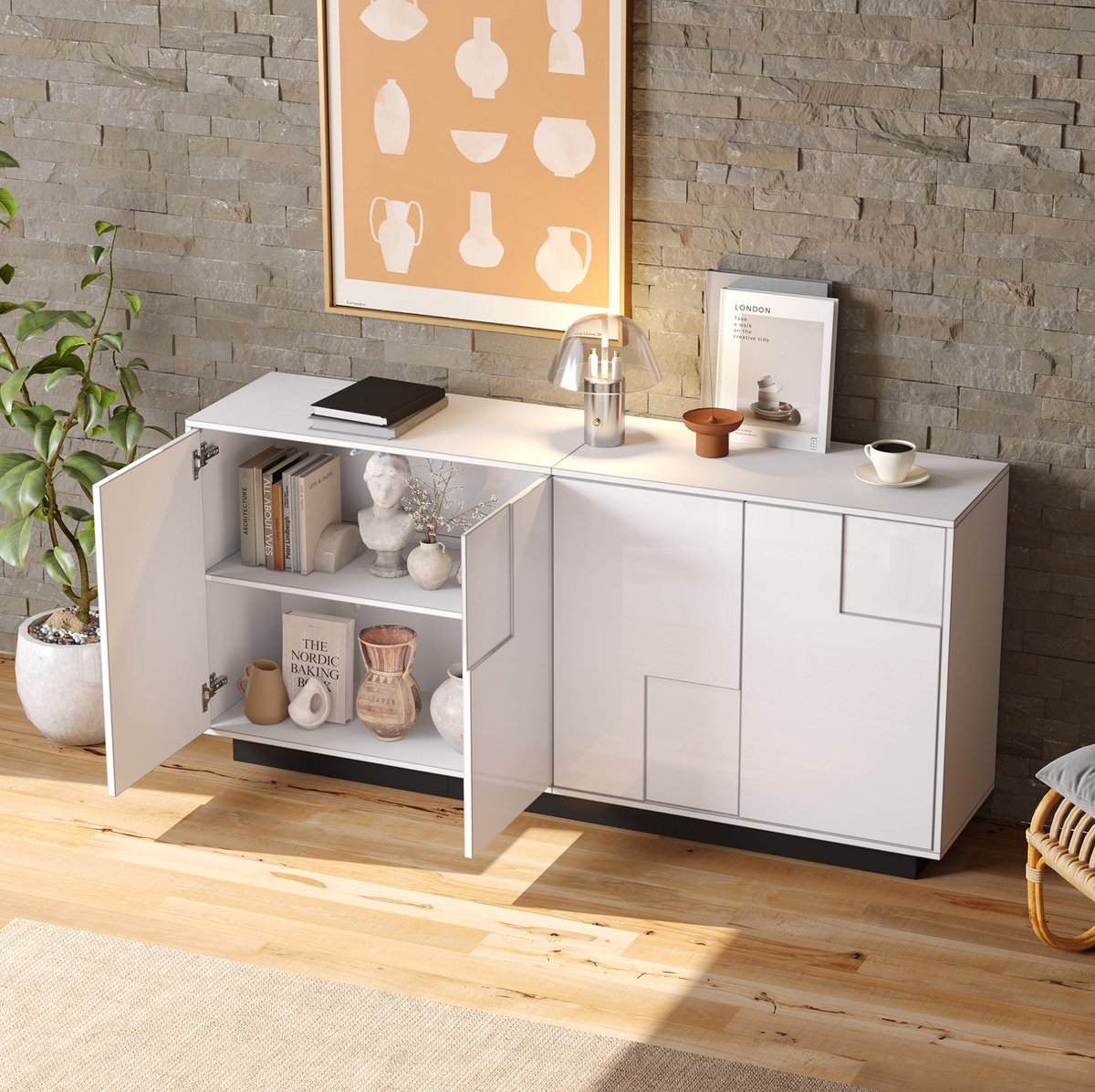 HAUSS SPOLE Dressoir - Hoogglans Deuren Met Geometrisch Design En Drukmechanisme - Voor Woonkamer - Spaanplaat - 160x37x75,5 Cm - Wit Zwart
