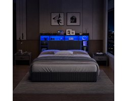 Tweepersoonsbed 140x200 cm - Donkergrijs Gestoffeerd Bedframe met 4 Opberglades - LED Verlichting, Stopcontacten, USB- en USB-C-Oplaadpoorten in het Hoofdbord - Opbergbed