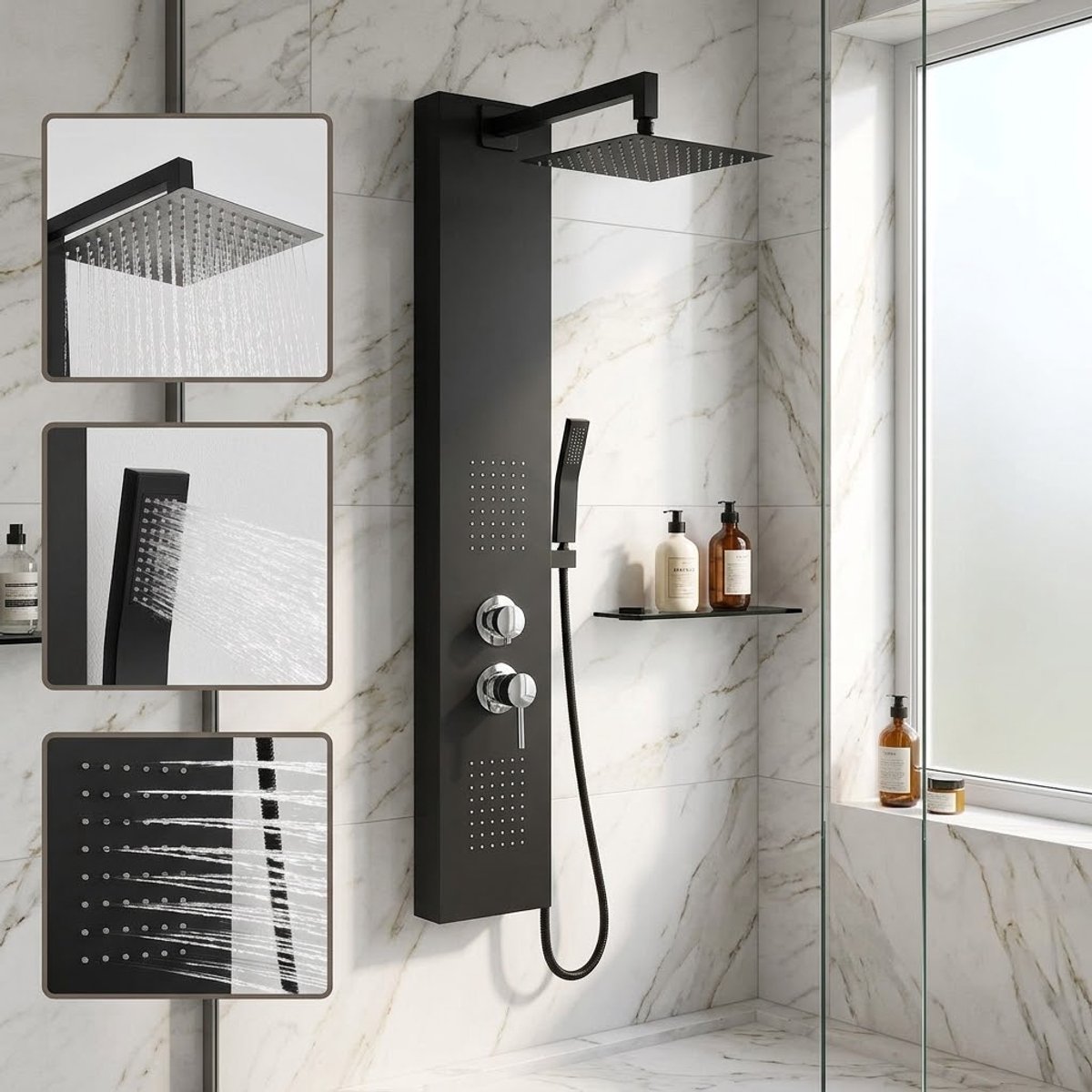 Auralum Max Luxueus RVS Douchepaneel Zwart - Compleet Douchesysteem Met 10 Inch Regendouche - Met Massage Jets en Handdouche - Douchekolom - Koperen Kraan - Anti-Kalk