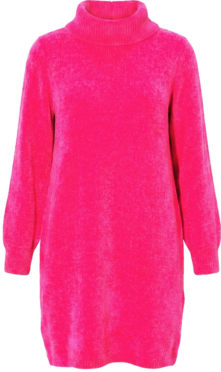 Ulla Popken - Dames - Gebreide jurk chenille A-lijn col lange mouwen - Fuchsiaroze - Maat 42+