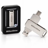 MillionShine USB Stick - USB 3.2 Gen1 C en A - 512GB - 2640Mbps Snelle Overdracht - Flashdrive - Zakelijk en Prive Opslag - Compatible met iPhone en Android - Metaal Zilver