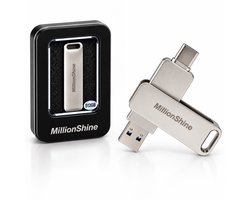 MillionShine USB Stick - USB 3.2 Gen1 C en A - 512GB - 2640Mbps Snelle Overdracht - Flashdrive - Zakelijk en Prive Opslag - Compatible met iPhone en Android - Metaal Zilver