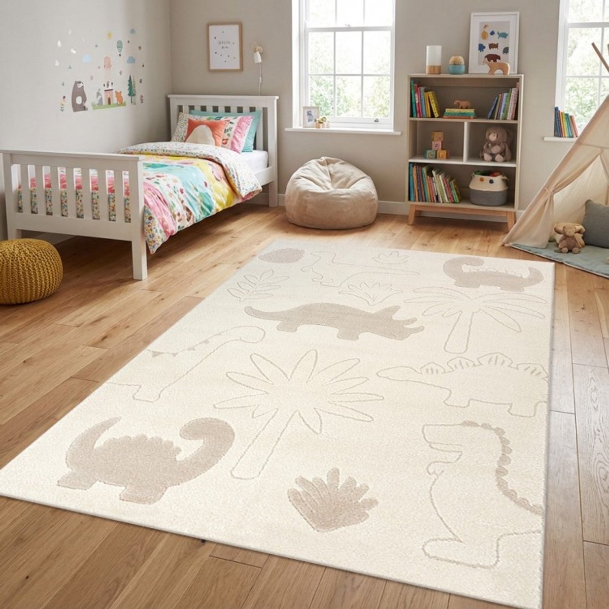 TapisTrend Kinderkleed Crème 80x150 cm Crèmekleurig met een patroon van dinosaurussen, palmbomen en bladeren, geschikt voor slaapkamers en speelruimtes Beige