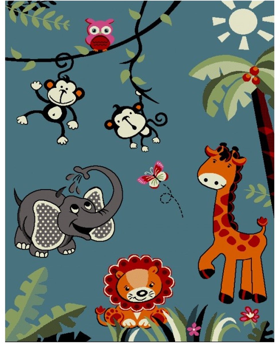 TapisTrend Kinderkleed Blauw 160x230 cm met jungledieren (aap, giraffe, olifant, leeuw) voor slaapkamer en speelkamer