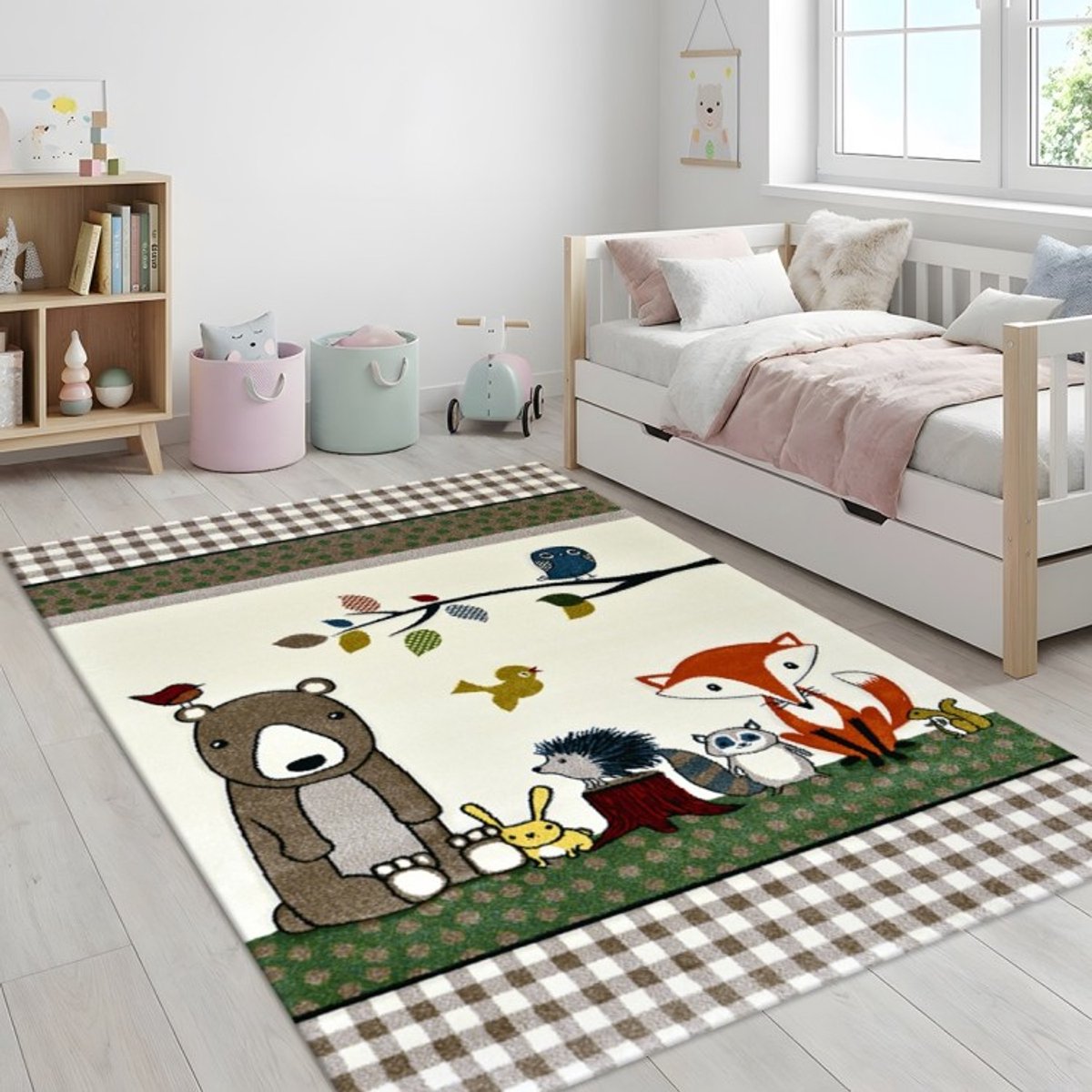 TapisTrend Kinderkleed Crème 80x150 cm Crèmekleurig met bosdieren: beer, vos, uil, voor slaapkamer en speelkamer Beige