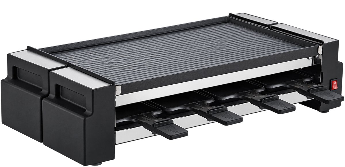 DeltaMerch Gourmetstel - Gourmetset - Tafelgrill - Raclette Grill - 8 pers. – Omkeerbare Grillplaat – Antiaanbaklaag - RVS - Zwart