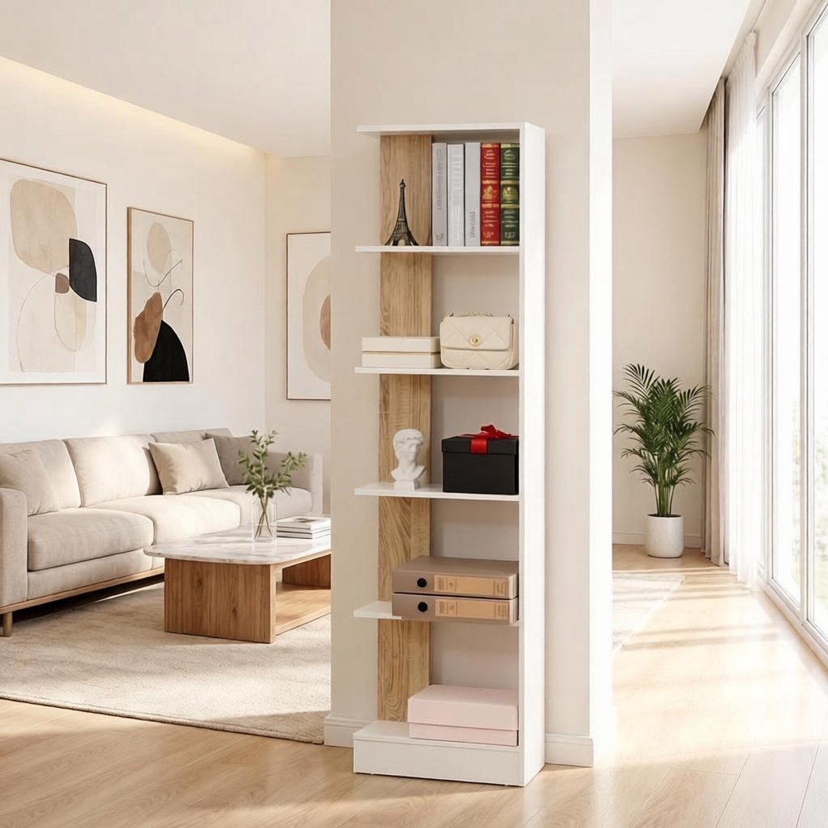 Open Boekenkast - Smalle Staande Boekenkast Met 5 Open Vakken - Opbergrek Voor Woonkamer, Slaapkamer Of Kantoor - Wit Eiken - 45 x 21 x 170 cm
