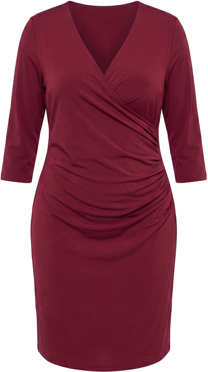 Ulla Popken - Dames - Jersey jurk wikkellook V-hals 3/4 mouwen - Donker wijnrood - Maat 58+
