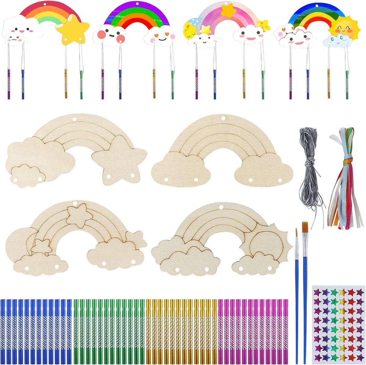 12 stuks windspel knutselset voor kinderen, regenbooghout, klankspel, knutselhandwerk om te beschilderen, voor meisjes en jongens, kinderverjaardag
