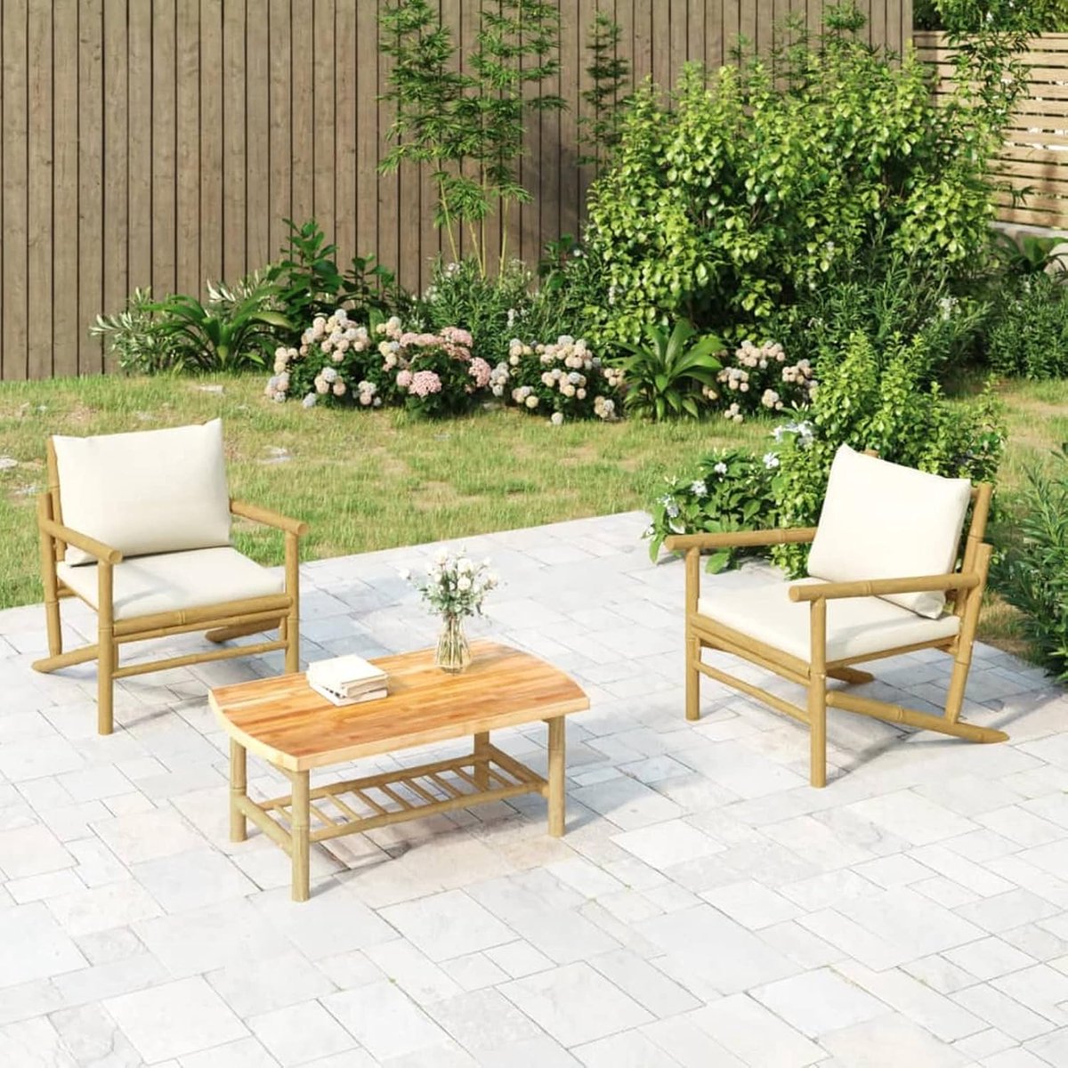 2 stuks outdoor stoel terrasstoel tuinmeubelen met crèmewit kussen bamboemeubel bamboe