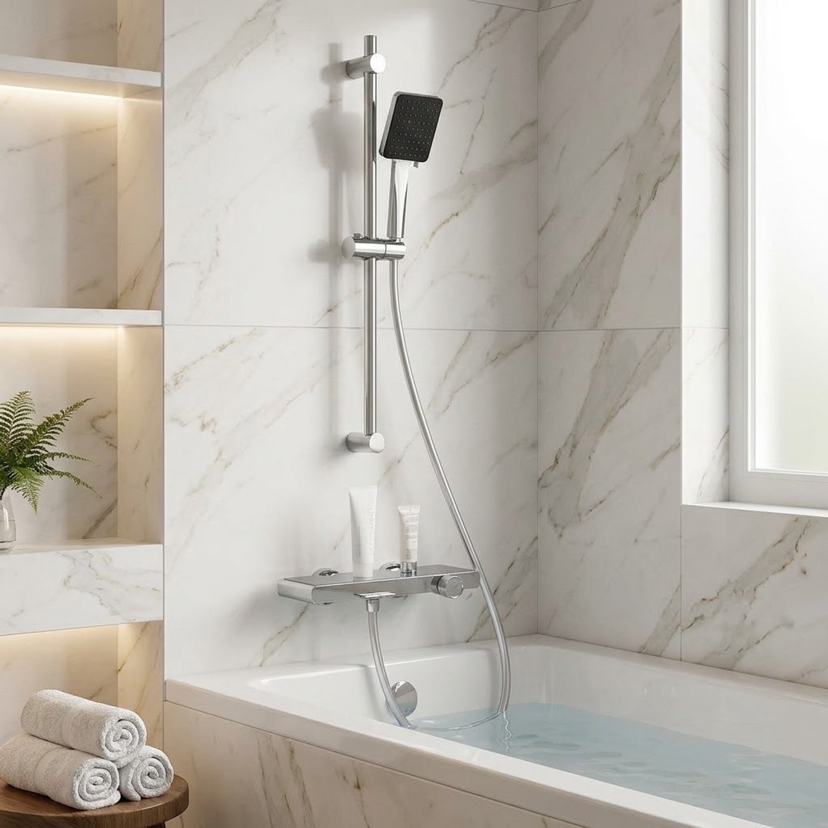 Auralum Max Badkraan Met handdouche 70 cm Verstelbare Glijstang met 6 Functies Handdouche Watervalontwerp Inclusief Groot Plankje Complete Doucheset Eenvoudige Wandmontage Chroom Zilver