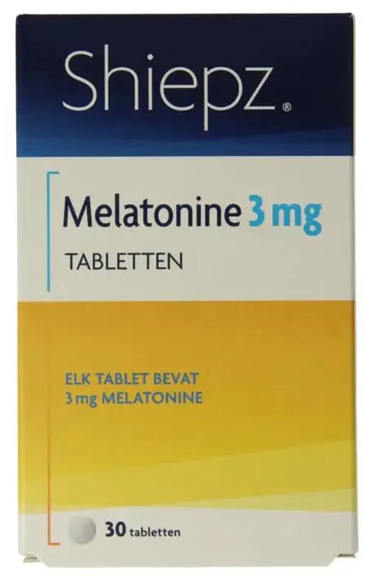 Doosje Shiepz Melatonine 3 mg tabletten, 30 stuks. Met gele en witte opdruk.