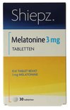 Doosje Shiepz Melatonine 3 mg tabletten, 30 stuks. Met gele en witte opdruk.