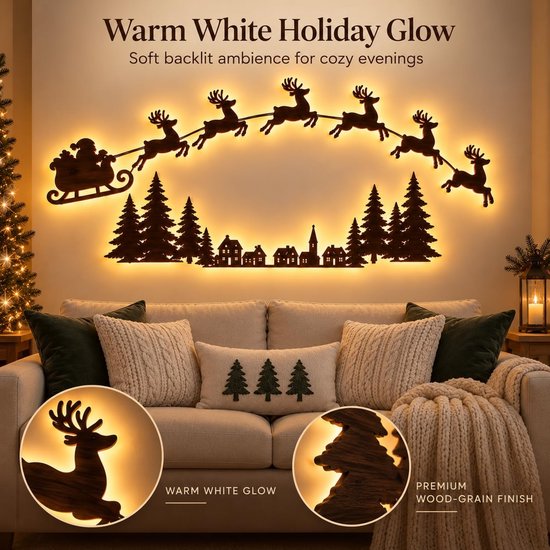 Houten kerstdecoratie van de kerstman met rendieren en een kerstdorp, met warme witte LED-verlichting en houtnerfafwerking.