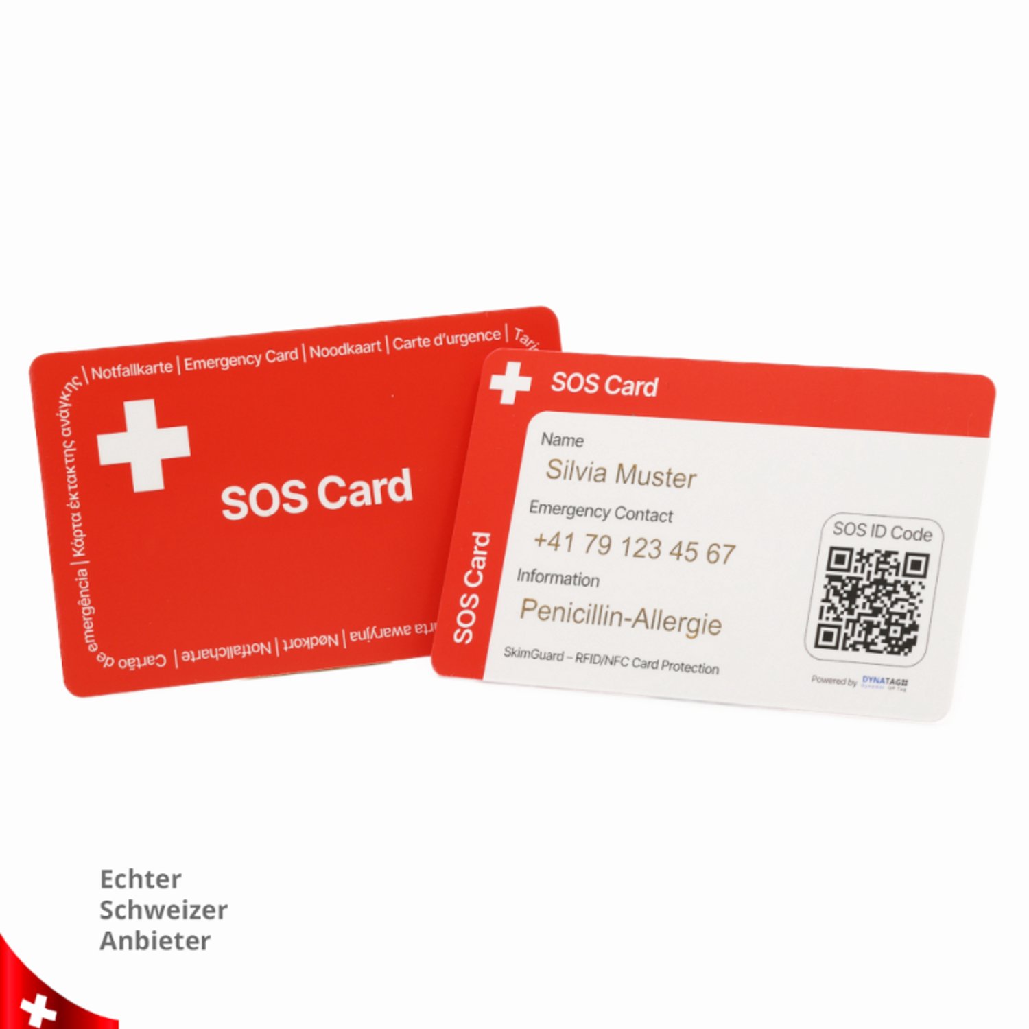 DynaTag SOS Noodkaart Medische ID-kaart met QR-code - RFID-bescherming - Rood