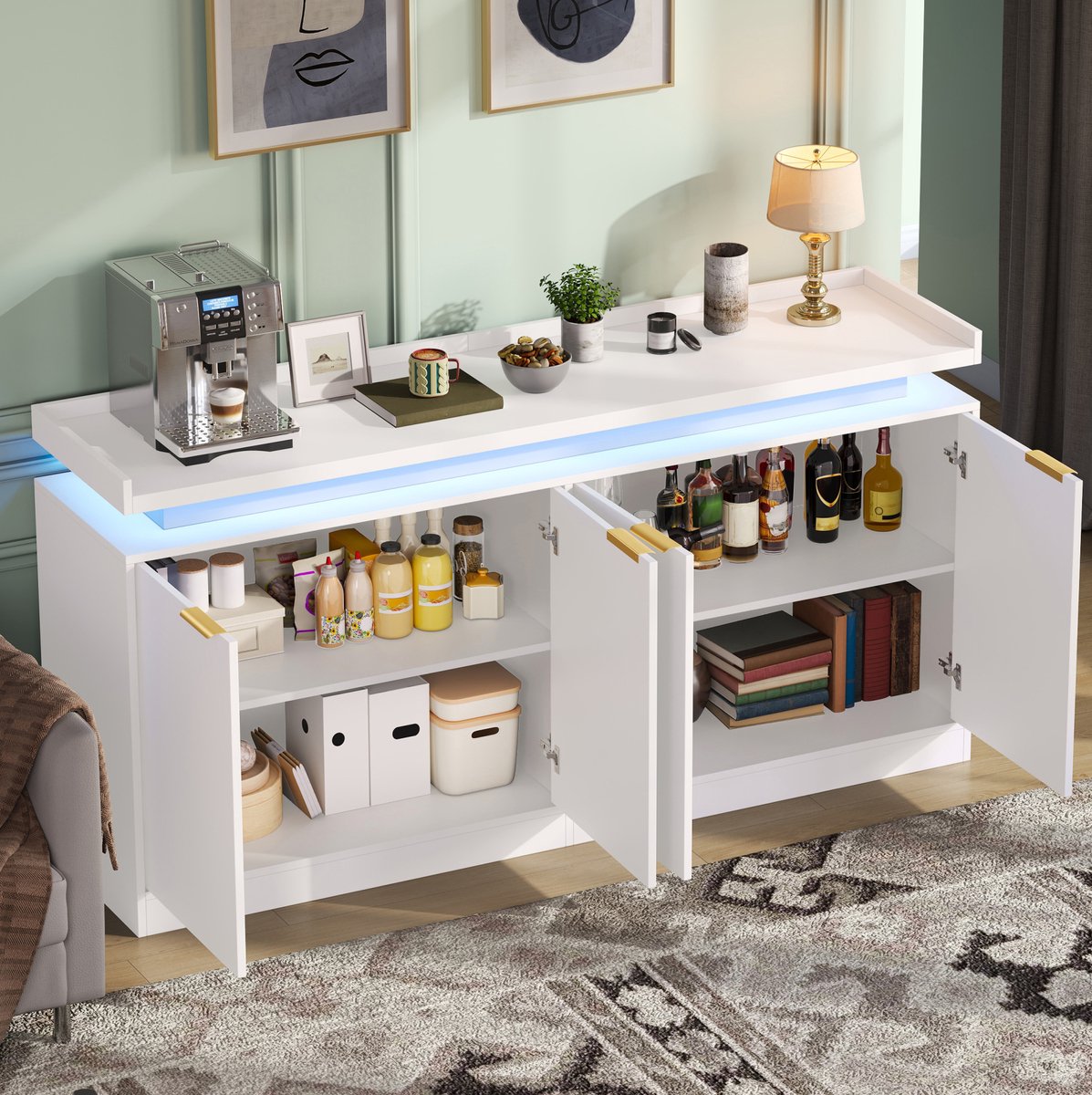 DESMIU Keukenkast - RGB Ledverlichting Met Appbediening - Vier Deuren Voor Keuken En Woonkamer - MDF - 160x39x83 Cm - Wit