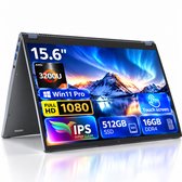 Ninkear 15.6" FHD IPS Touchscreen Laptop – 360° Flip 2-in-1 Convertible – AMD Ryzen 3 3200U – 16GB RAM – 512GB SSD – Windows 11 Pro – Dual-Band WiFi – Zilver