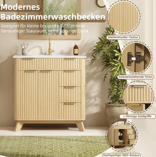 Badmeubel met Duitstalige productdetails: golvend front, zelfsluitende scharnieren en gouden handgrepen.