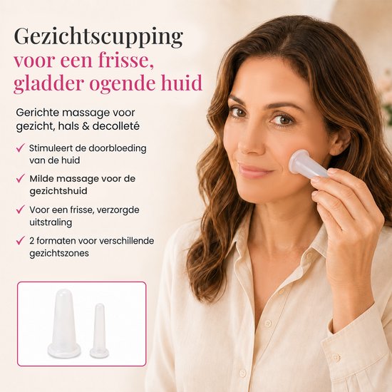 Gezichtscupping voor een frisse, gladdere huid. Gerichte massage voor gezicht, hals & décolleté. Milde massage voor de gezichtshuid. 2 formaten voor gezichtszones.