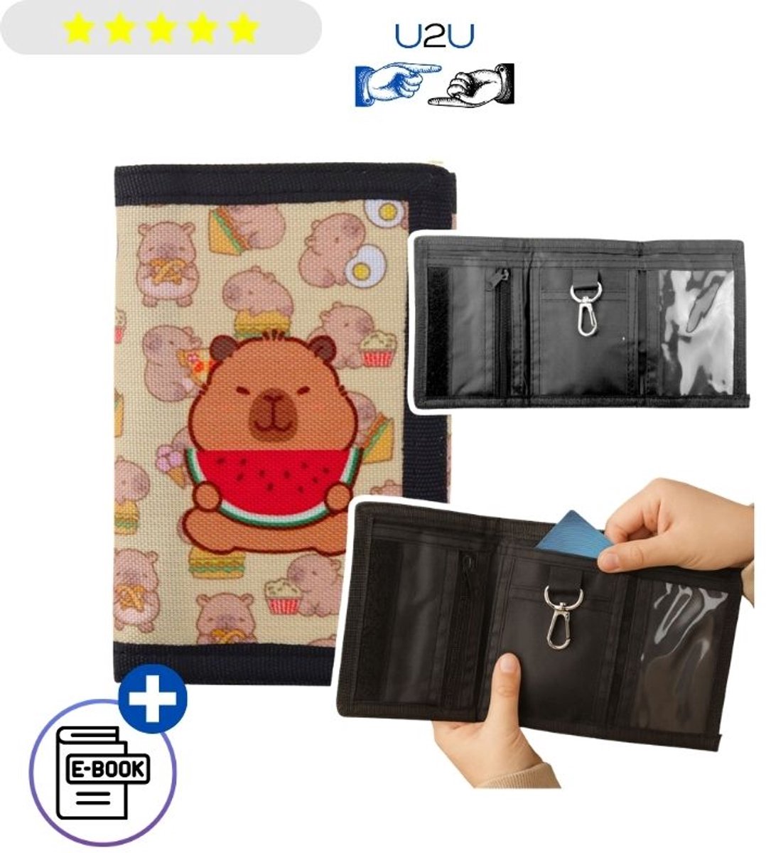 Capybara Kinderportemonnee met Klittenband – Lichtgewicht Wallet met Muntvak, Ritsvak, Pasjesvak & Sleutelhangerhaakje, Schattige Dierenprint voor Meisjes & Jongens, Compacte Geldbeugel voor Reizen & Dagelijks Gebruik – Met Ebook