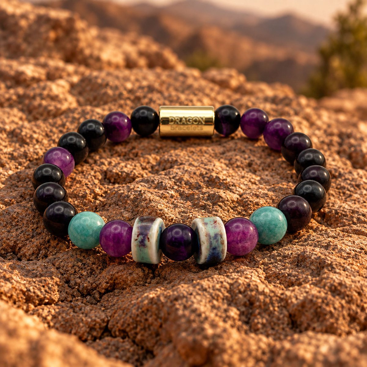 Dragon Bracelets® - Terra Twilight - Natuurstenen Armband - Agaat - Amazoniet - Geglazuurd Keramiek - Paars - Groen