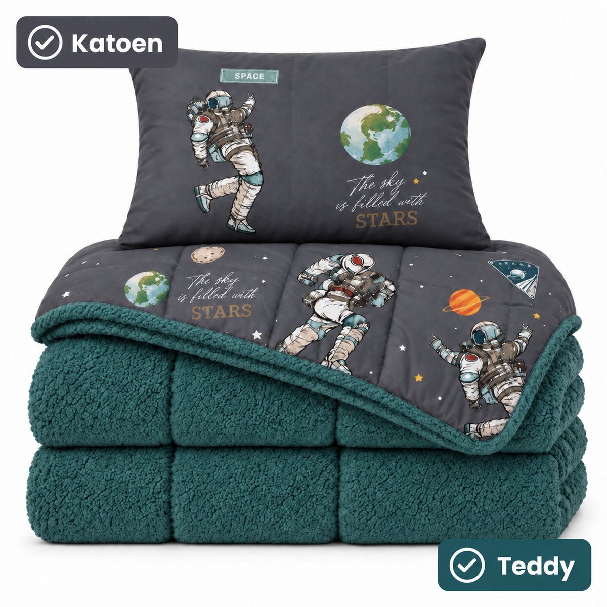 Decoware Kinderdekbed Zonder Overtrek Space - Met Kussensloop - Ademend Katoen & Zacht Teddy - Hoesloos & Wasbaar - Ruimtedessin - Blauw - Grijs