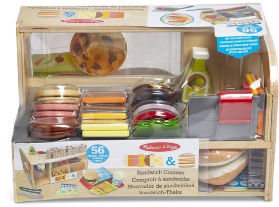 Melissa & Doug houten broodjeszaak met 56 onderdelen, inclusief broodjes, vleeswaren, kaas en toppings.