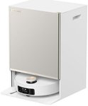 Witte robotstofzuiger met dockingstation en gouden accenten, DREAME logo op de klep.
