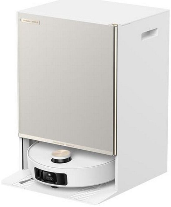 Witte robotstofzuiger met dockingstation en gouden accenten, DREAME logo op de klep.