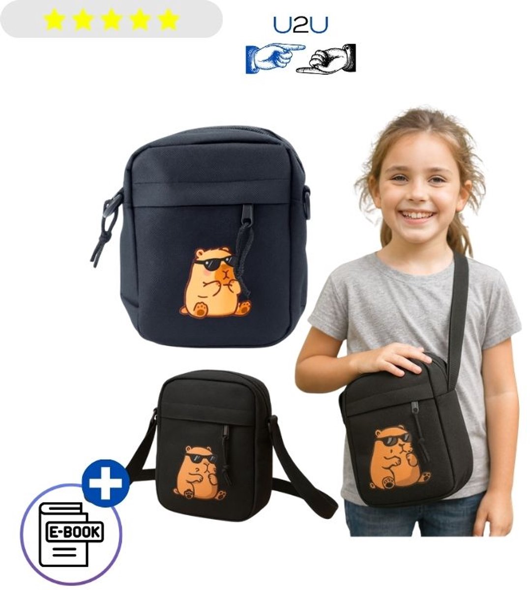 Capybara Schoudertas Zwart met Bril Print – Verstelbare Band, 3 Ritsvakken, Kleine Crossbody Tas voor Kinderen, Tieners, Dames & Heren, voor Telefoon, Sleutels & Portemonnee, Reis- & Schooltas, Compacte Tas – Met Ebook