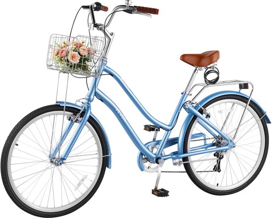 VEVOR Dames Cruiserfiets van 26 inch, Draagvermogen 150 Kg, 7 Versnellingen, Lichtblauw, voor Woon-Werkverkeer, Boodschappen en Stranduitstapjes, met Mandje, Bagagedrager (tot 50 Kg), Dubbele V-Remmen en Praktische Accessoires — afbeelding 2