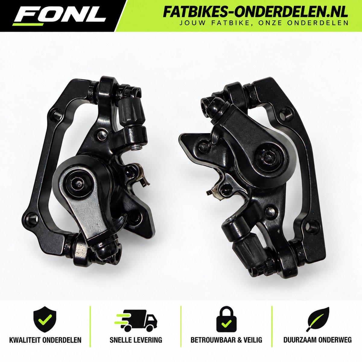 FONL Remklauwen Set Fatbike Voor en Achter - 2 Mechanische Schijfremklauwen Inclusief Remblokken voor Ouxi V8, H9 en QMWheel V20 - Zwart