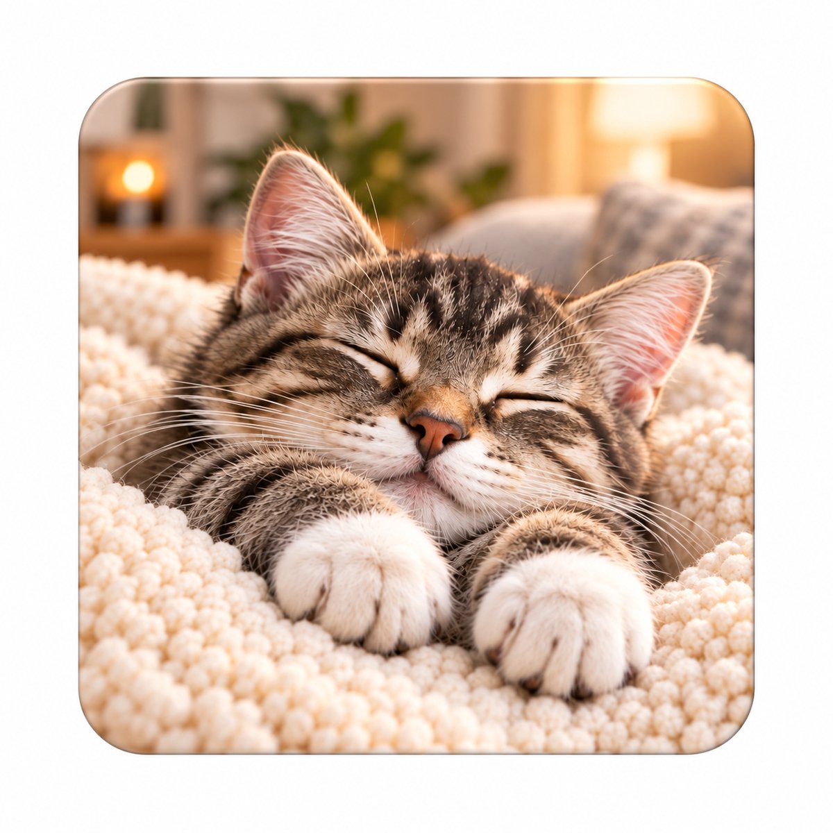 Kat MDF onderzetter 10 x 10 cm – Slapende Kat met Zachte Pootjes – onderzetter voor Kattenliefhebbers