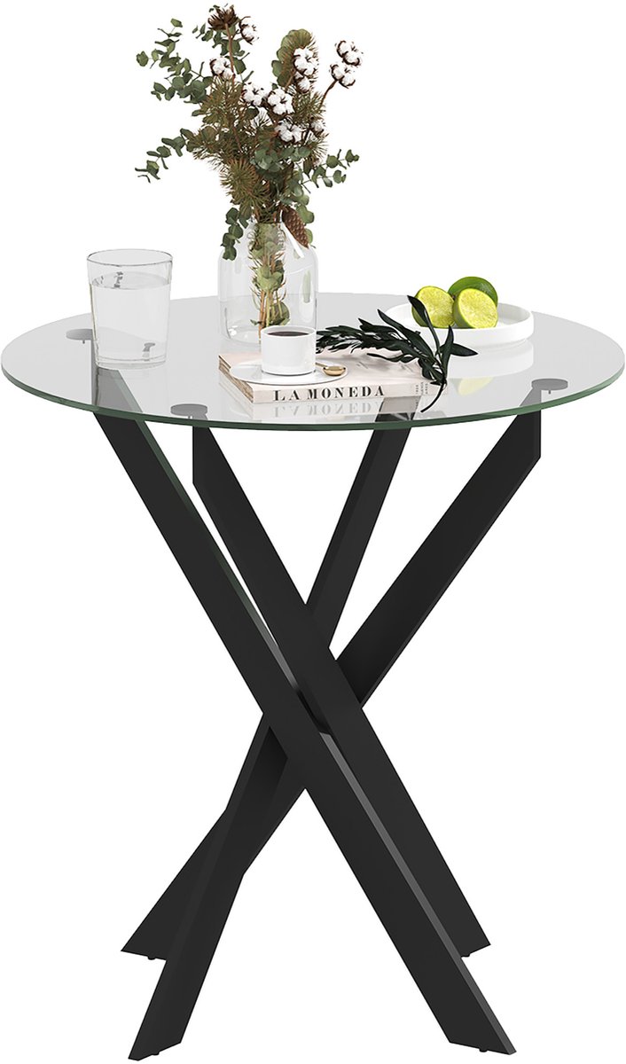 Homona Eettafel rond - Met glazen tafelblad en metalen onderstel - Ø70 x 75 cm - Zwart/Transparant