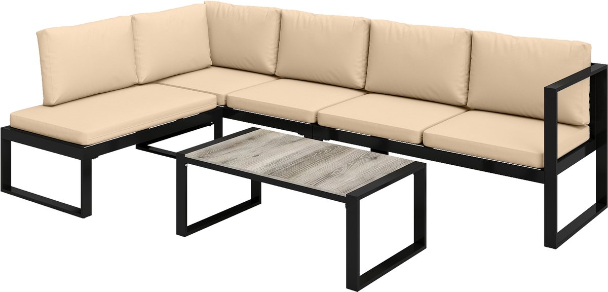 Sunona Tuinmeubelset 4-delig - Loungeset met hoekbank en salontafel - Inclusief kussens - Staal - 247 x 152 x 65 cm - Zwart/Khaki