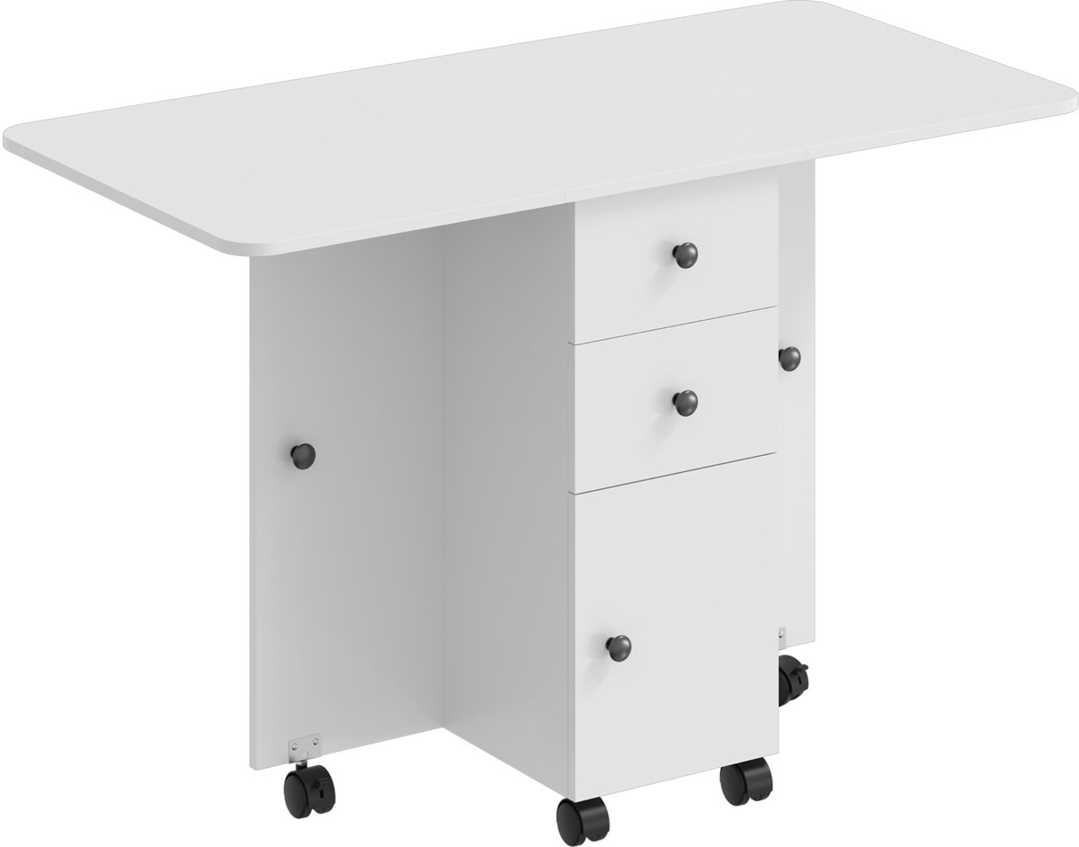Homona Klaptafel - Met lades, kast en 6 wielen - 120 x 60 x 76,5 cm - Wit