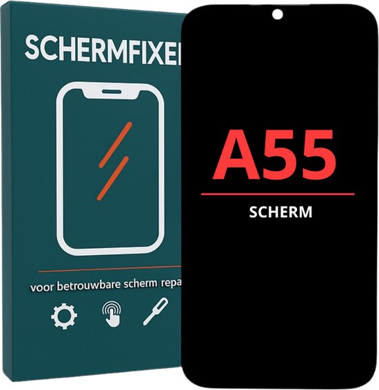 Zwart Samsung A55 scherm met rode A55 tekst, naast verpakking met telefoon icoon en "SCHERMFIXEI" tekst.